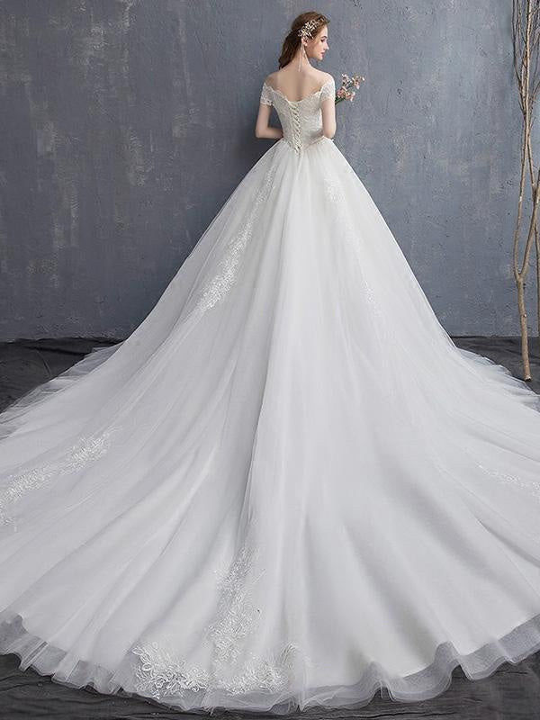 Off-the-Shoulder Lace Applique Ball Gown Wedding Dresses