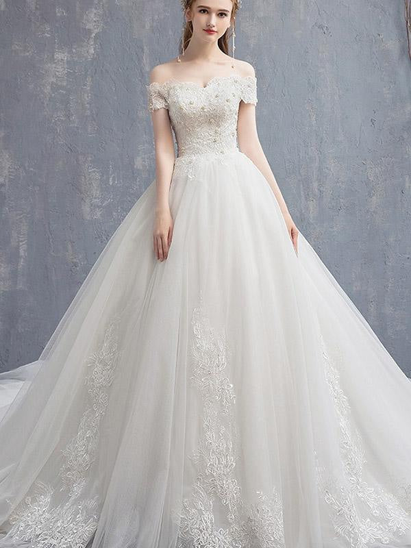 Off-the-Shoulder Lace Applique Ball Gown Wedding Dresses