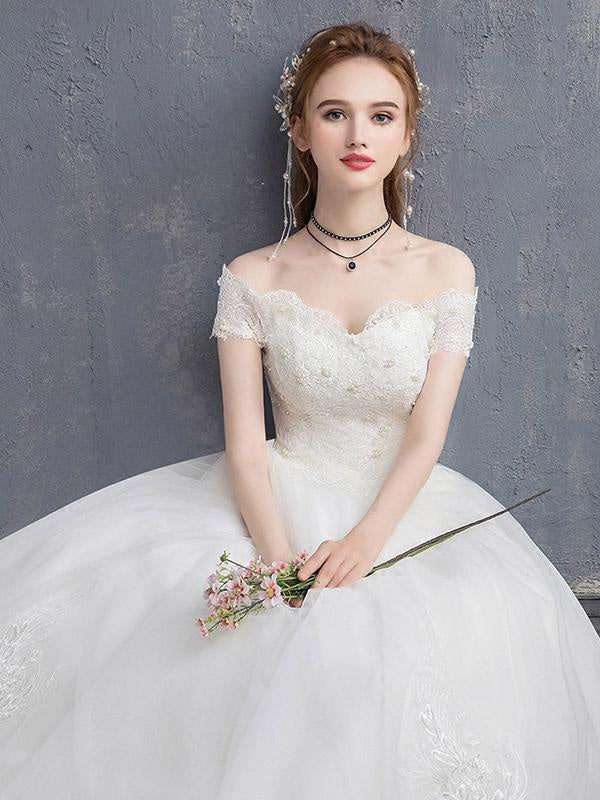Off-the-Shoulder Lace Applique Ball Gown Wedding Dresses