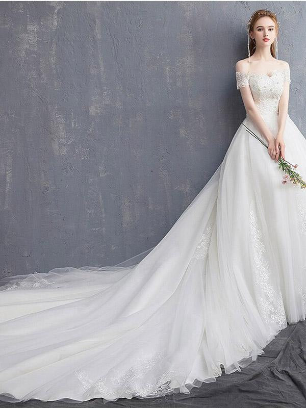 Off-the-Shoulder Lace Applique Ball Gown Wedding Dresses