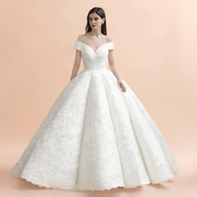 Off The Shoulder Lace Beaded Ball Gown Wedding Dress