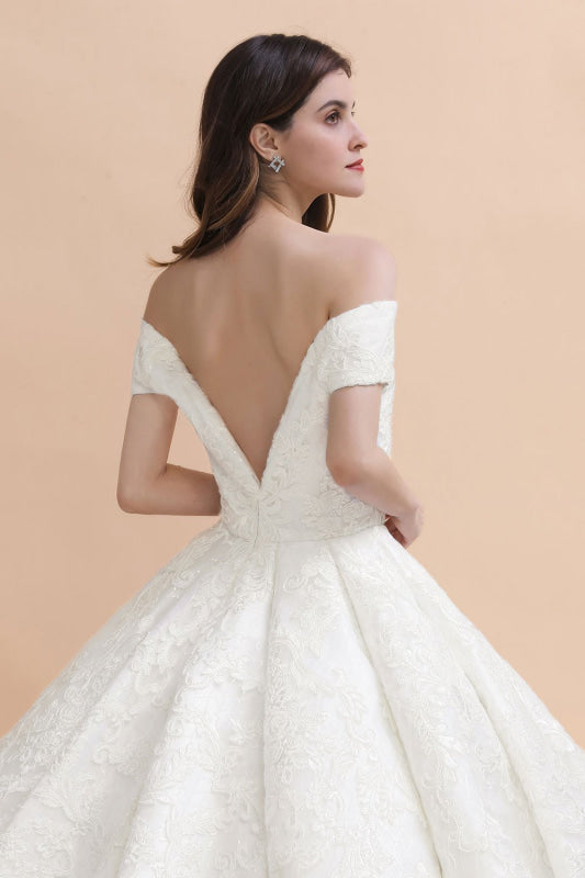 Off The Shoulder Lace Beaded Ball Gown Wedding Dress