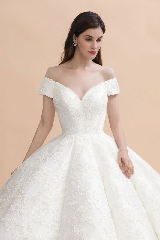 Off The Shoulder Lace Beaded Ball Gown Wedding Dress