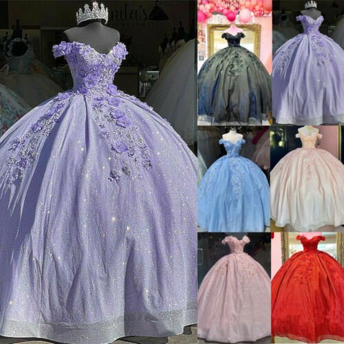 Off the Shoulder Lavender Glitter 3D Floral Quinceanera Dresses