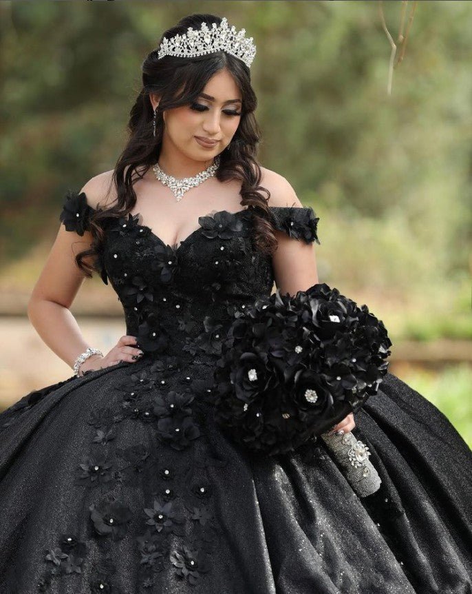 Off the Shoulder Lavender Glitter 3D Floral Quinceanera Dresses