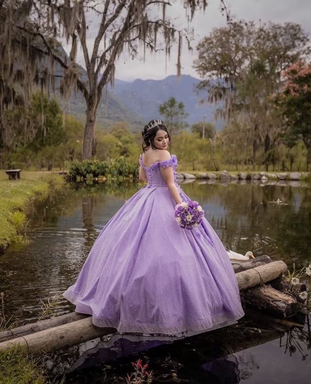 Off the Shoulder Lavender Glitter 3D Floral Quinceanera Dresses