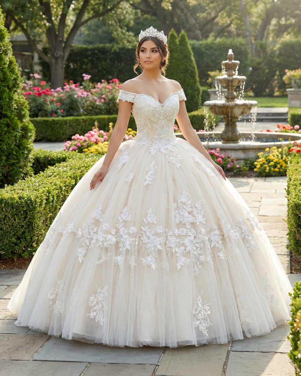 Off The Shoulder Long Champagne Lace Appliques Quinceanera Dress