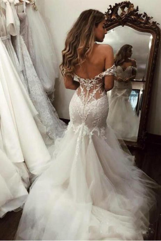Off the Shoulder Mermaid Lace Long Tulle Wedding Dress