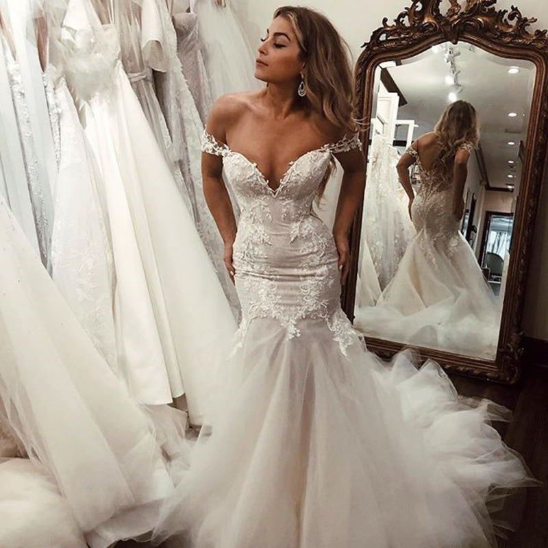 Off the Shoulder Mermaid Lace Long Tulle Wedding Dress