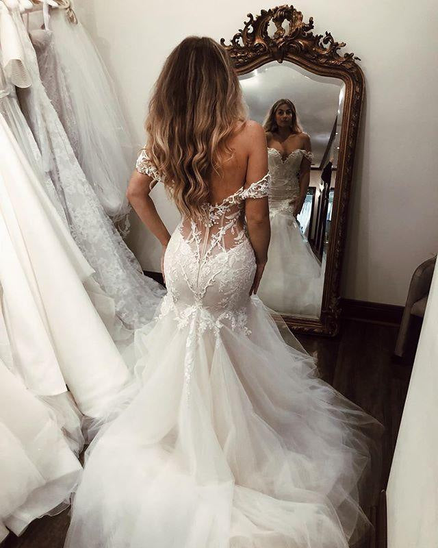 Off the Shoulder Mermaid Lace Long Tulle Wedding Dress