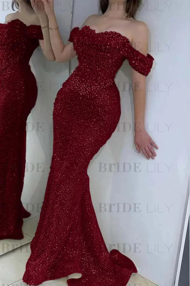Dazzling Beaded Sweetheart Mermaid Evening Dress Sequins Off-Shoulder Prom Dress with Train
