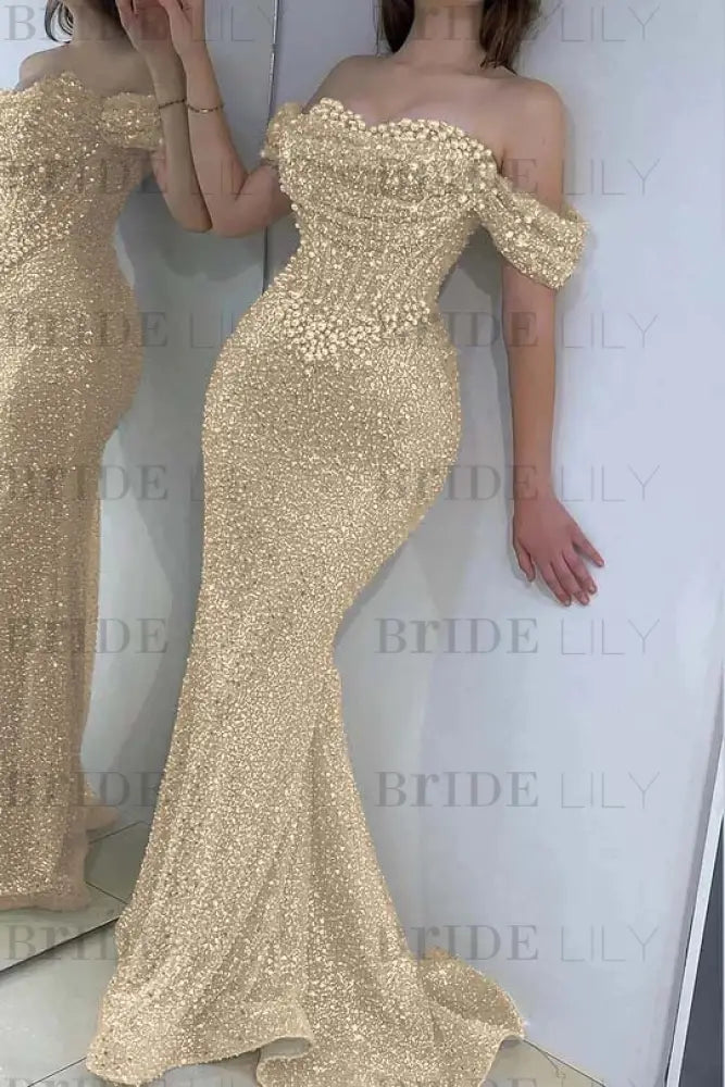 Dazzling Beaded Sweetheart Mermaid Evening Dress Sequins Off-Shoulder Prom Dress with Train