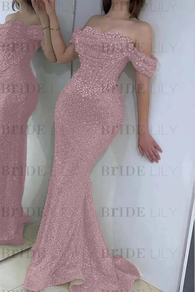 Dazzling Beaded Sweetheart Mermaid Evening Dress Sequins Off-Shoulder Prom Dress with Train