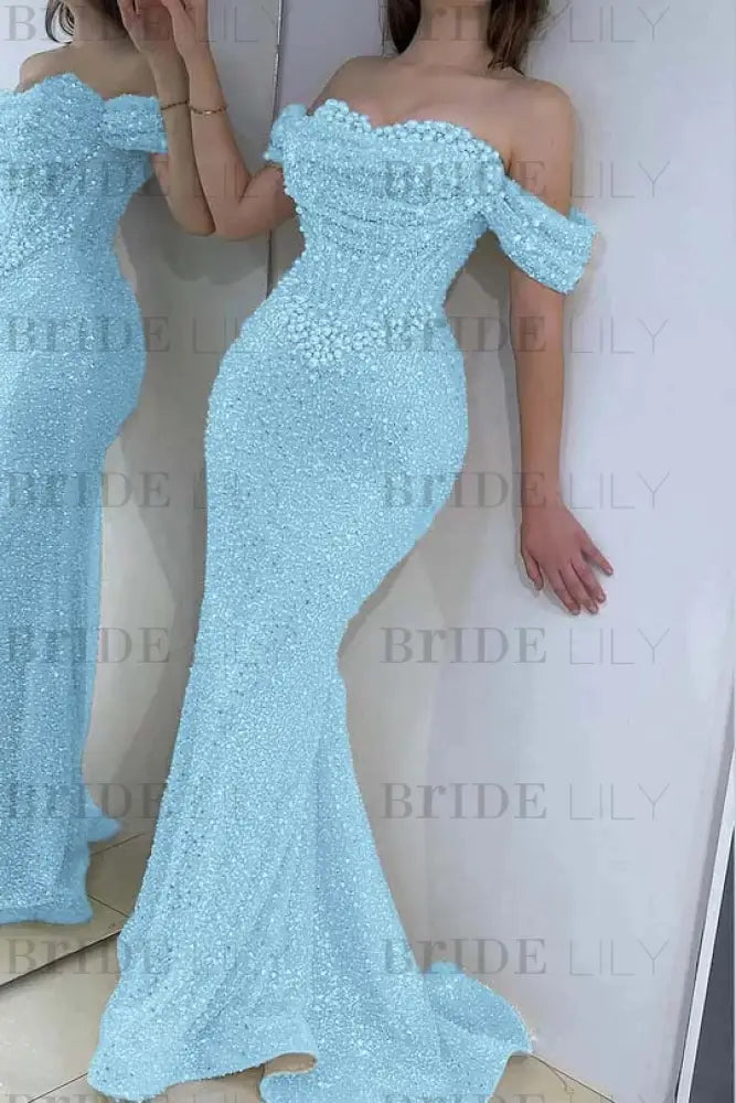 Dazzling Beaded Sweetheart Mermaid Evening Dress Sequins Off-Shoulder Prom Dress with Train