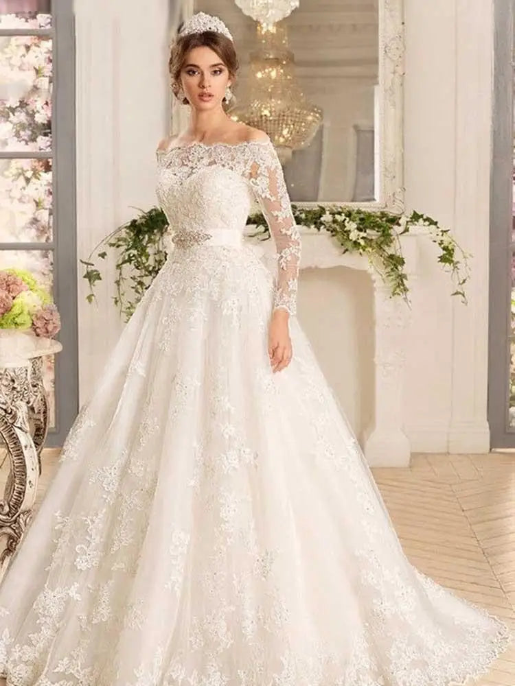 Off-the-Shoulder Tulle Ruffles Aline Wedding Dresses