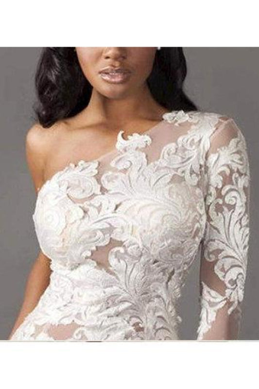 One Shoulder Long Sleeve Tulle Lace Mermaid Wedding Dress