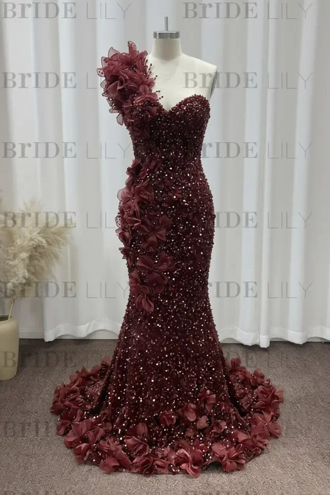 One Shoulder Sequins Prom Dress Mermaid Beadings Evening Gown Long