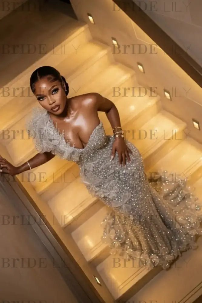 One Shoulder Sequins Prom Dress Mermaid Beadings Evening Gown Long