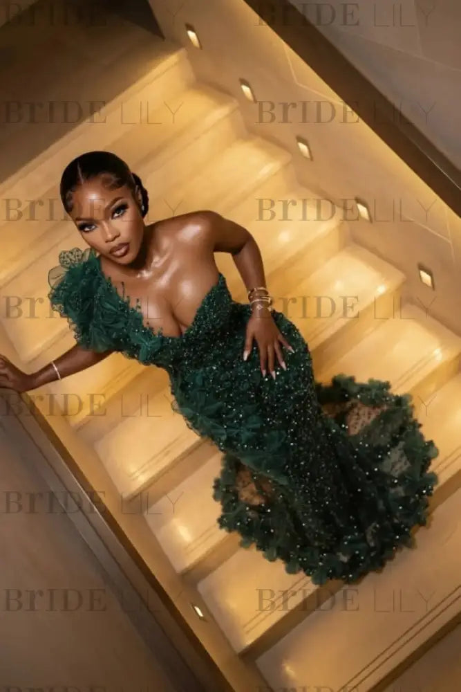 One Shoulder Sequins Prom Dress Mermaid Beadings Evening Gown Long