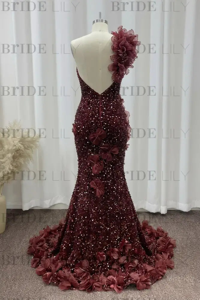 One Shoulder Sequins Prom Dress Mermaid Beadings Evening Gown Long