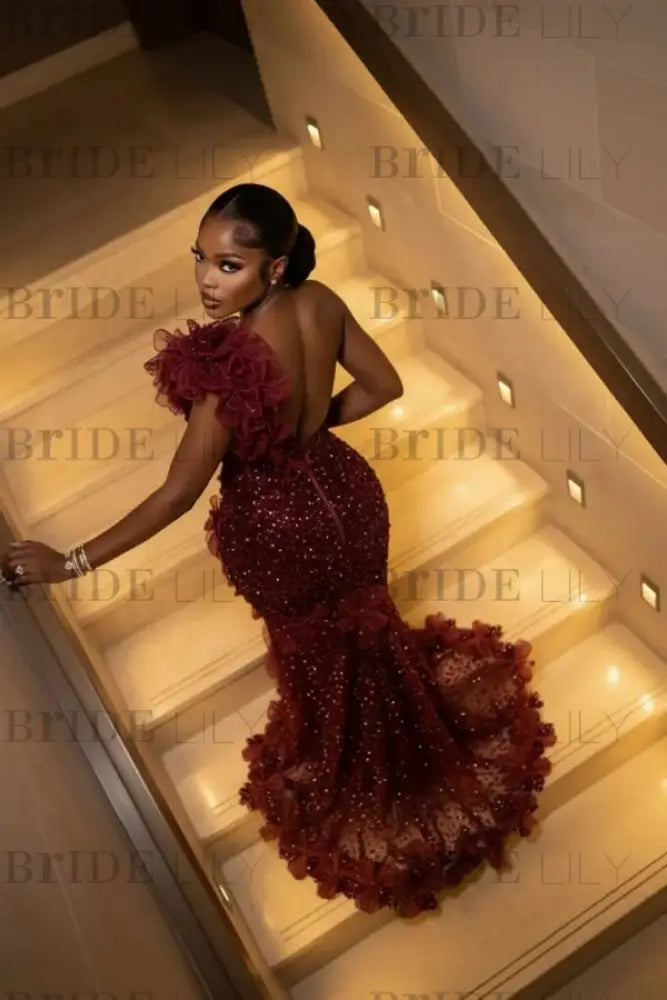 One Shoulder Sequins Prom Dress Mermaid Beadings Evening Gown Long