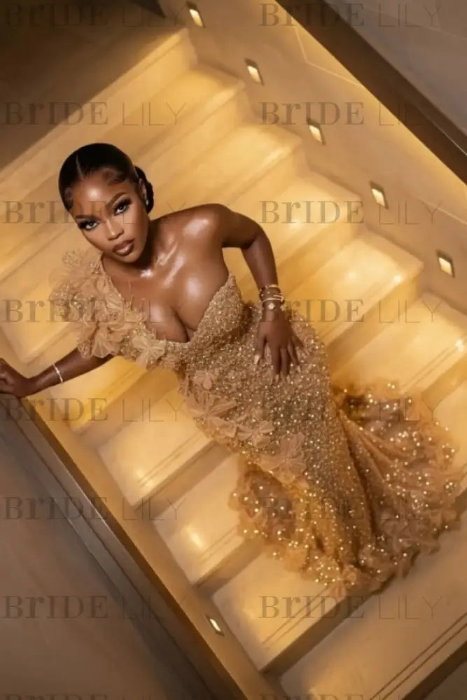 One Shoulder Sequins Prom Dress Mermaid Beadings Evening Gown Long