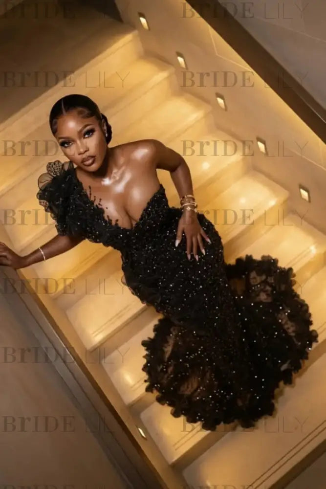 One Shoulder Sequins Prom Dress Mermaid Beadings Evening Gown Long
