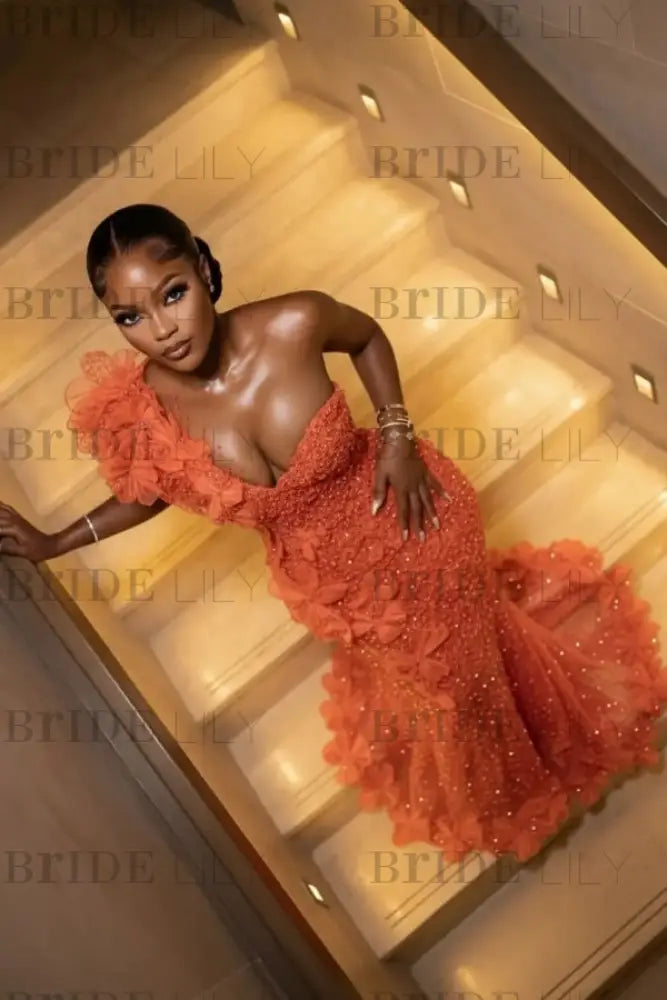 One Shoulder Sequins Prom Dress Mermaid Beadings Evening Gown Long