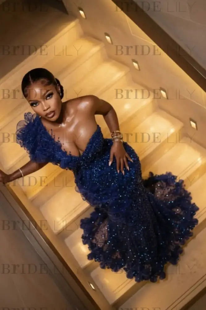 One Shoulder Sequins Prom Dress Mermaid Beadings Evening Gown Long
