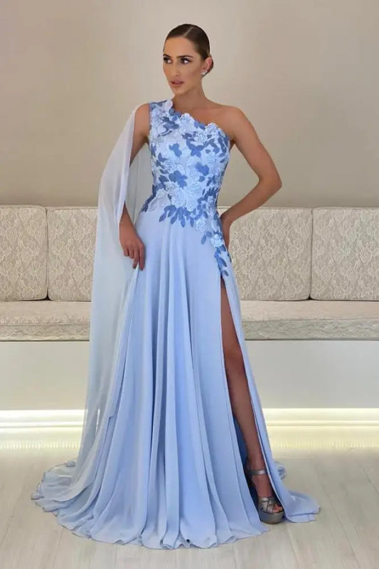 One-Shoulder Sleeveless Chiffon Evening Dresses Long with Side Slit