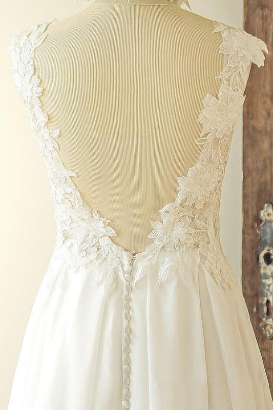 Open Back Appliques Chiffon A-line Wedding Dress
