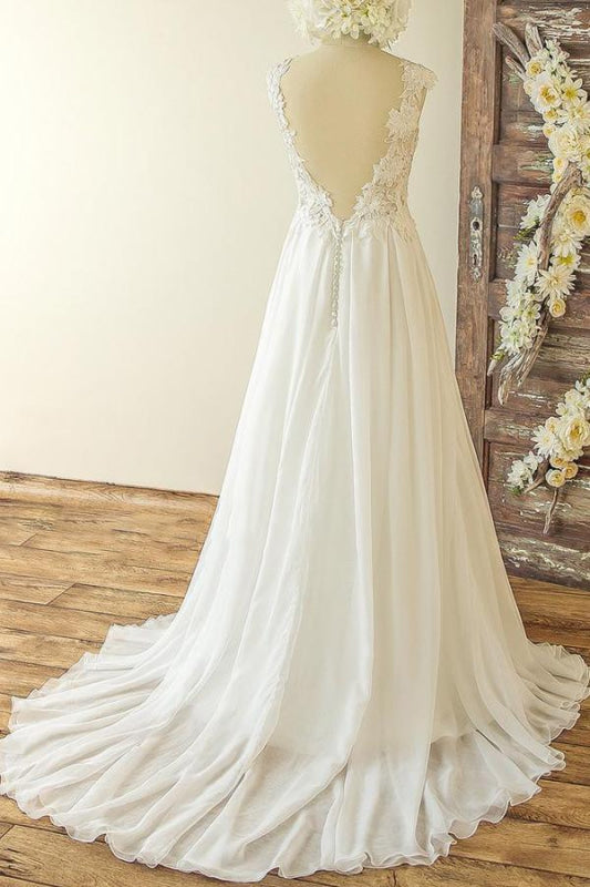 Open Back Appliques Chiffon A-line Wedding Dress