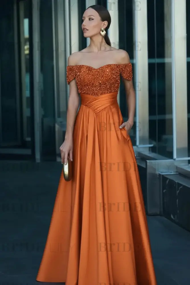 Off-the-Shoulder Dark Green Satin Aline Formal Dress with Beadings