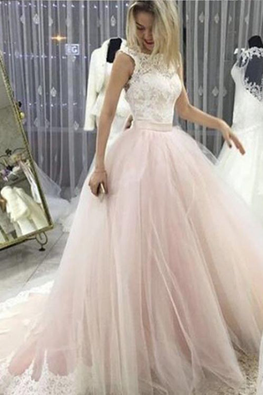 Pale Pink Court Train with Lace Appliques Sleeveless Wedding Dress