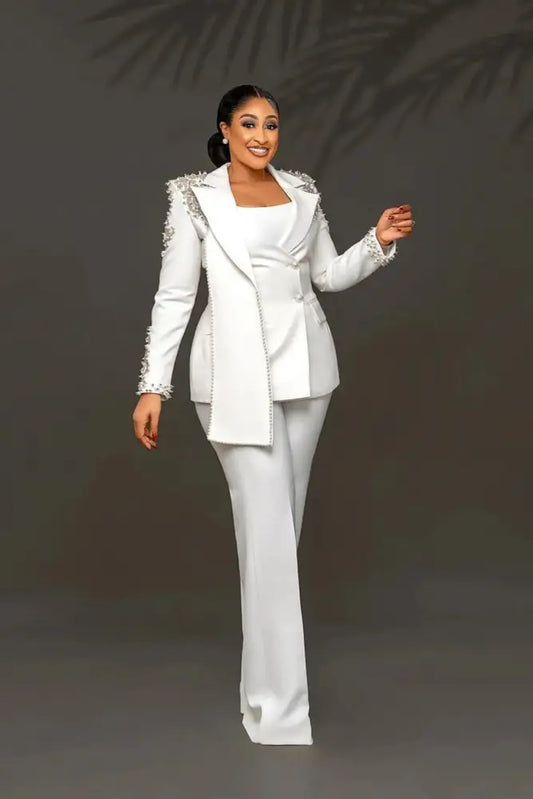 Peaked Lapel Beading Pearls Women Suits 2 Pieces Blazer Pants Mother Of The Bride Outfits