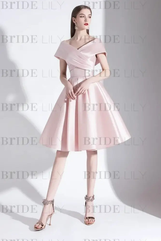 Off-the-Shoulder Knee-Length Evening Dress A-Line V-Neck Pleated Satin Cocktail Dress Little Black Dress