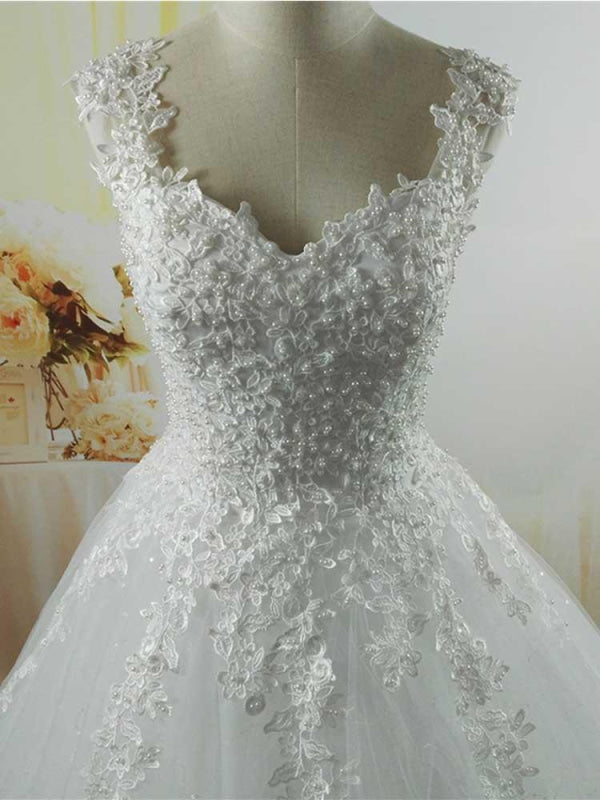 Pearls A-Line Tulle Wedding Dresses