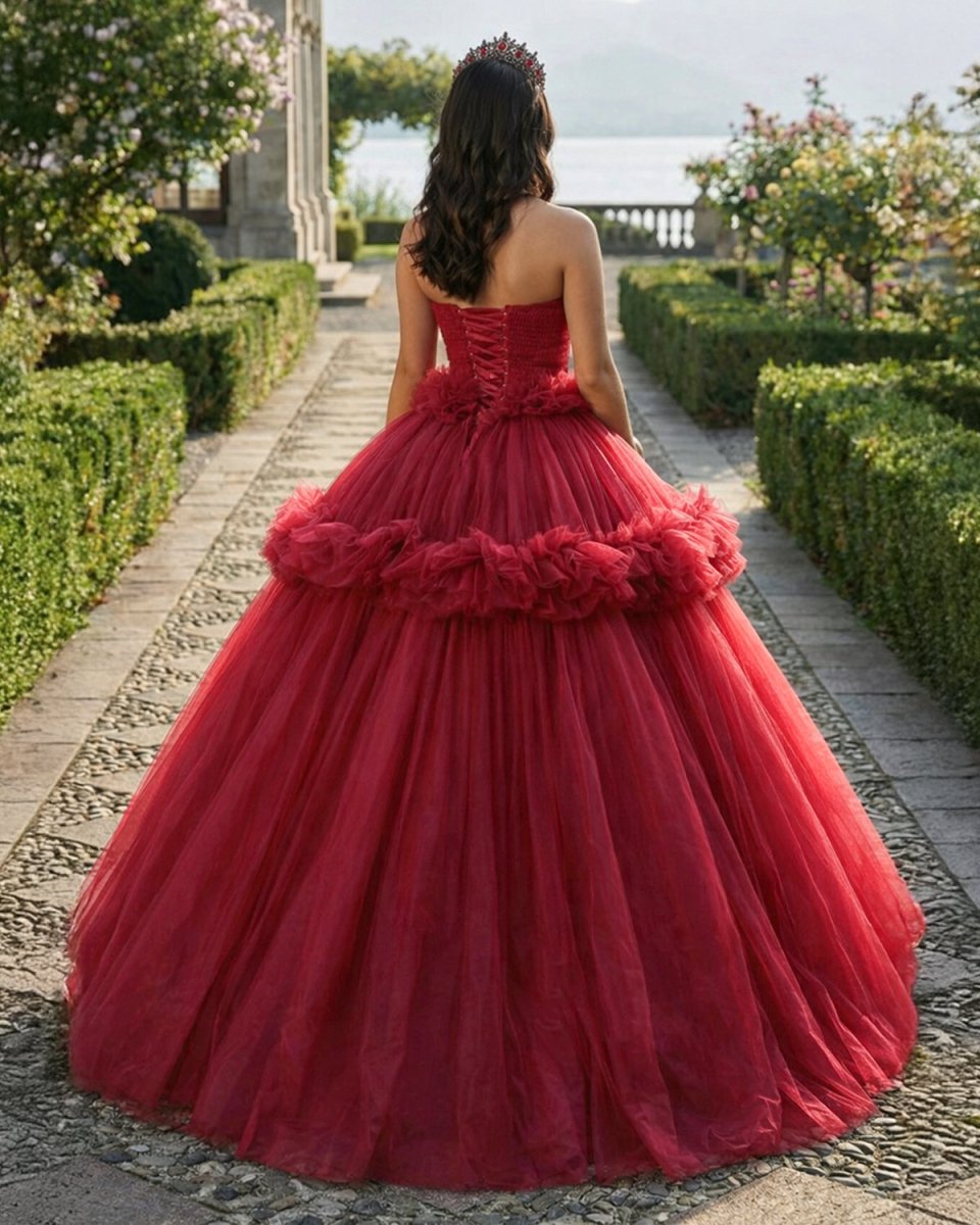 Peplum Red Sleeveless Quinceañera Ball Gown Party Dress