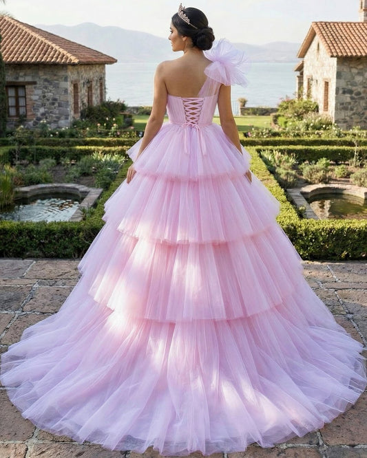 Pink A-line Tiered One Shoulder Tulle Ball Gown Pink Quinceanera Dresses