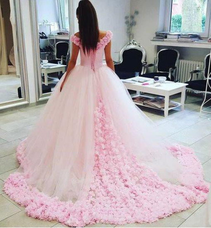 Pink Ball Gown Princess Off-shoulder Hand-Made Flower Wedding Dress