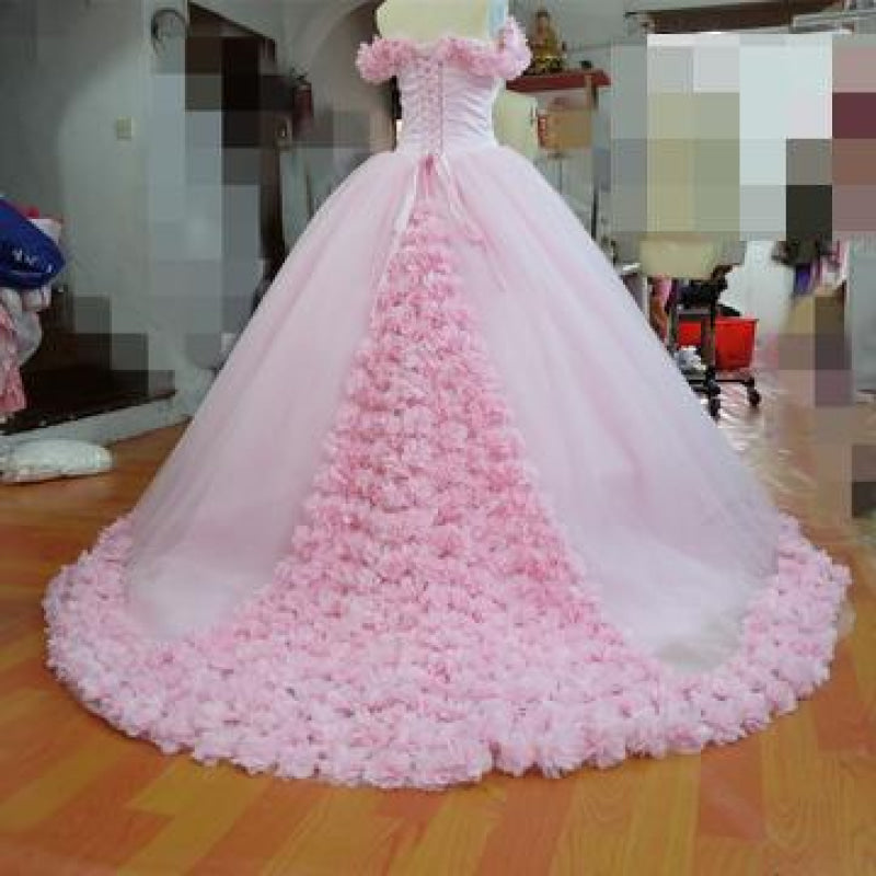 Pink Ball Gown Princess Off-shoulder Hand-Made Flower Wedding Dress