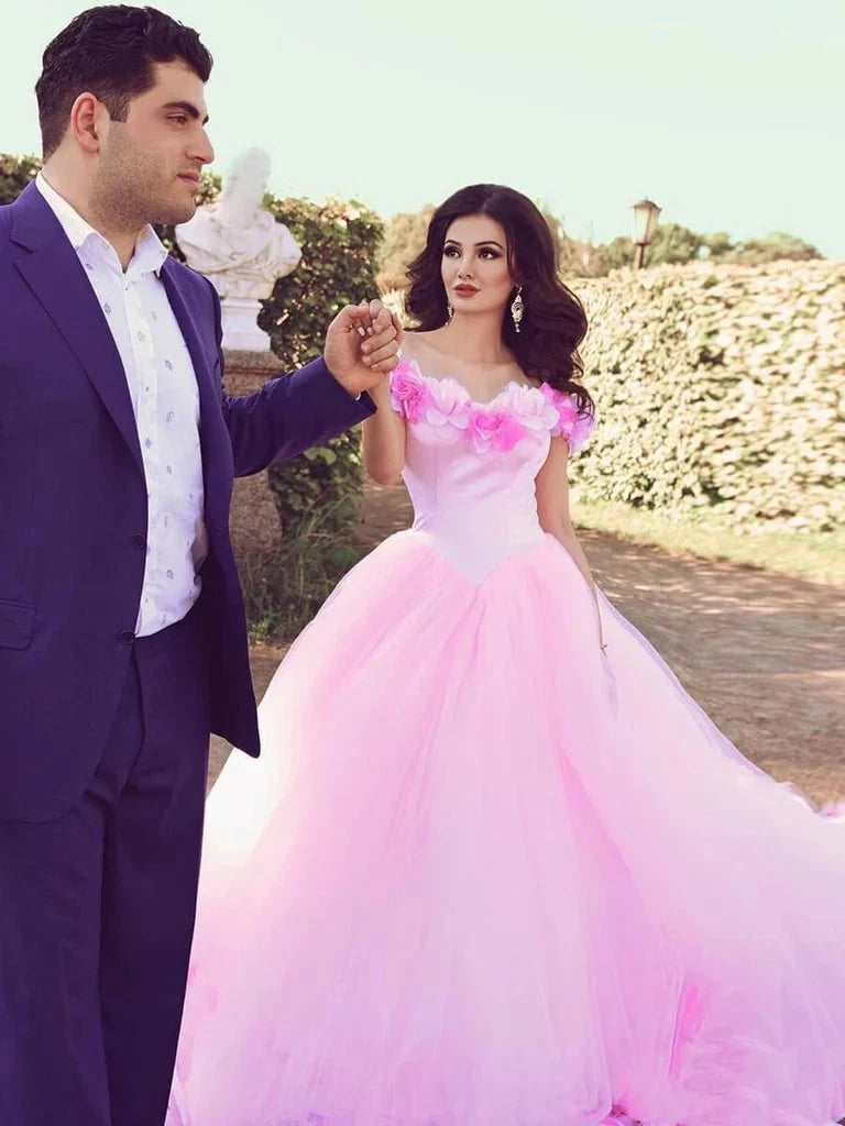 Pink Cathedral Train 3D Flowers Applique Wedding Gown Quinceanera Dresses