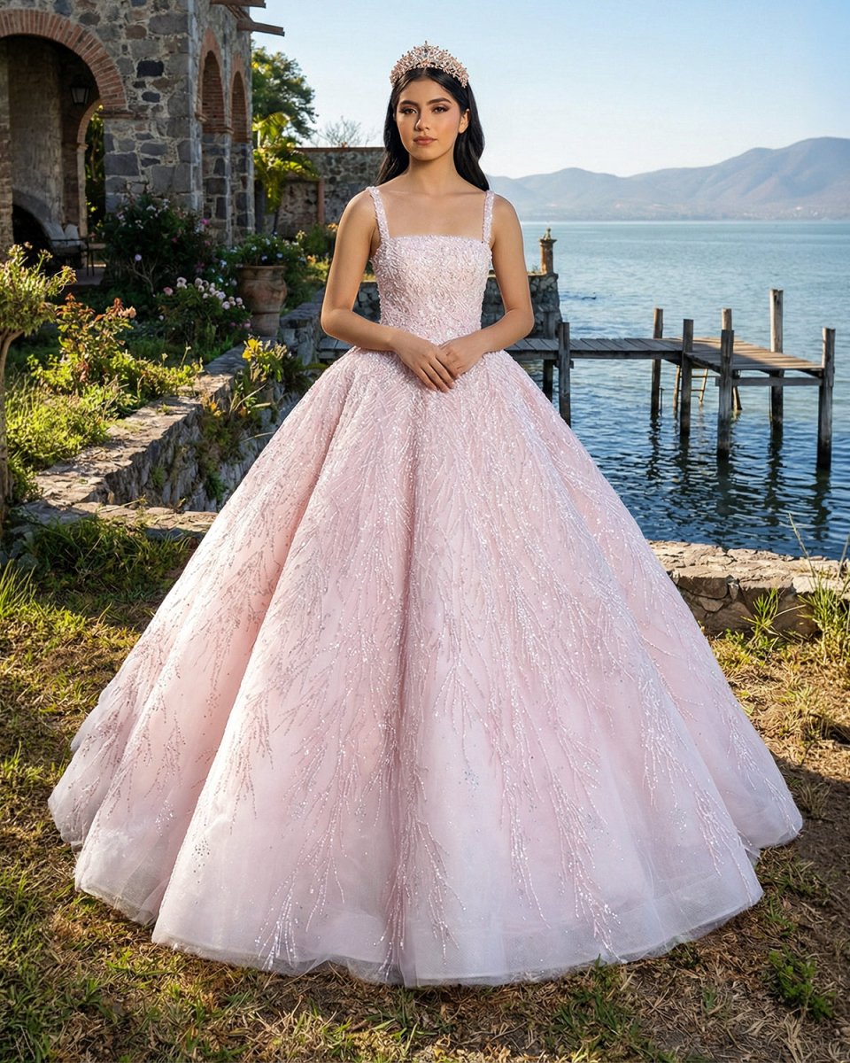 Pink Straps Sequin Beaded Long Ball Gown Quinceanera Dresses