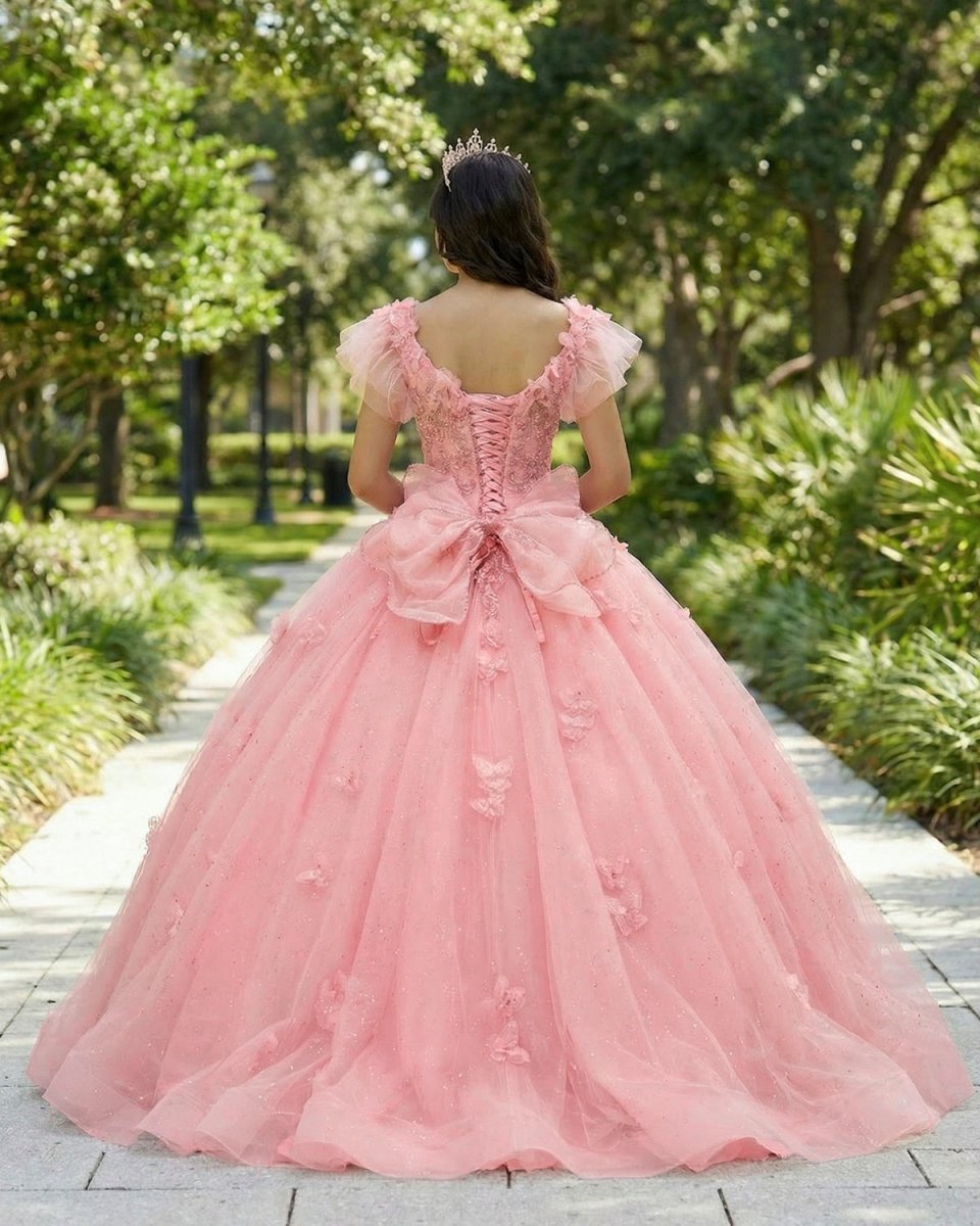 Pink Tulle 3D Floral Lace Bow-Back Quinceanera Dress with Flutter Sleeves