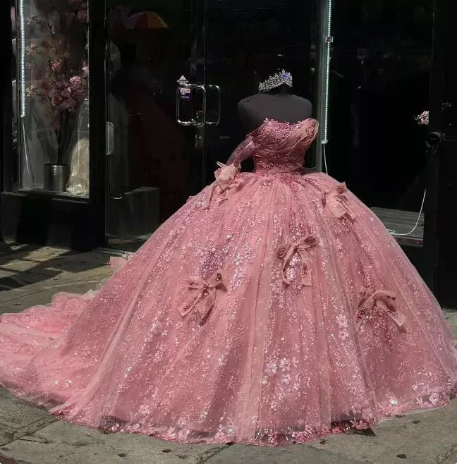 Pink Tulle Ball-Gown Off-the-Shoulder Quinceanera Dresses