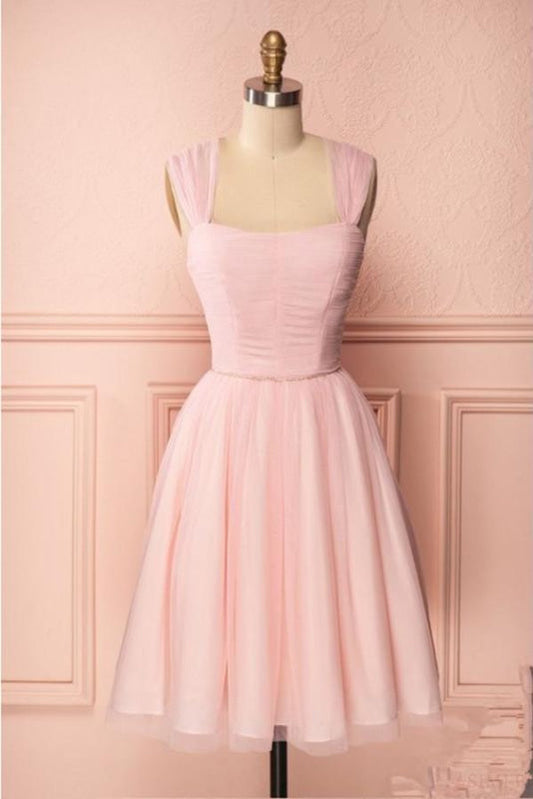 Pink Vintage Tulle Knee Length Homecoming Dress Straps Graduation Dresses