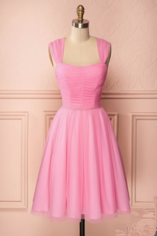 Pink Vintage Tulle Knee Length Homecoming Dress Straps Graduation Dresses