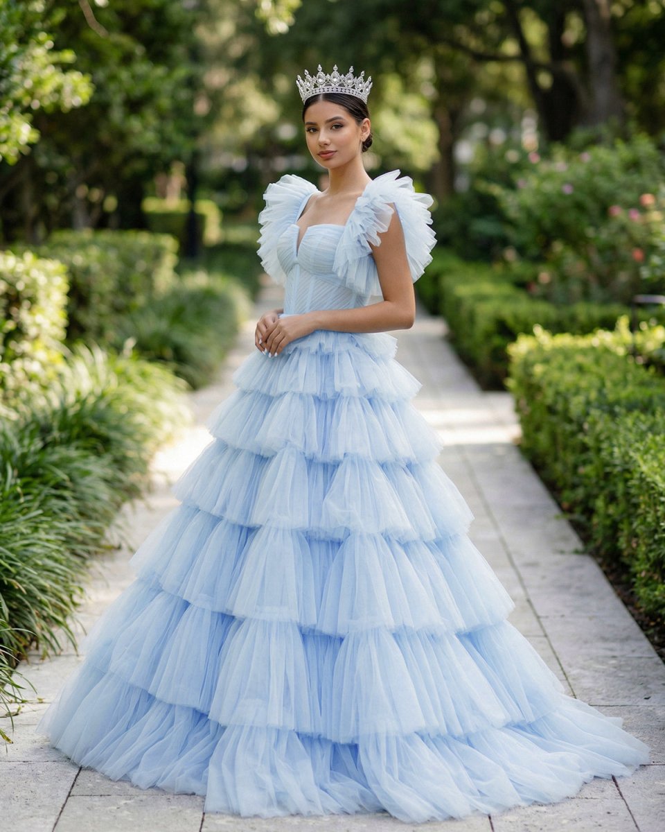 Pleated Tulle Ball Gown Ruffle Tiered Long Quinceanera Dresses