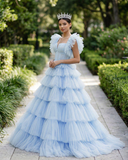 Pleated Tulle Ball Gown Ruffle Tiered Long Quinceanera Dresses