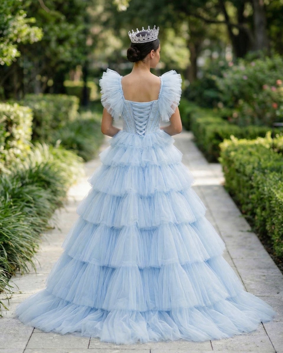 Pleated Tulle Ball Gown Ruffle Tiered Long Quinceanera Dresses